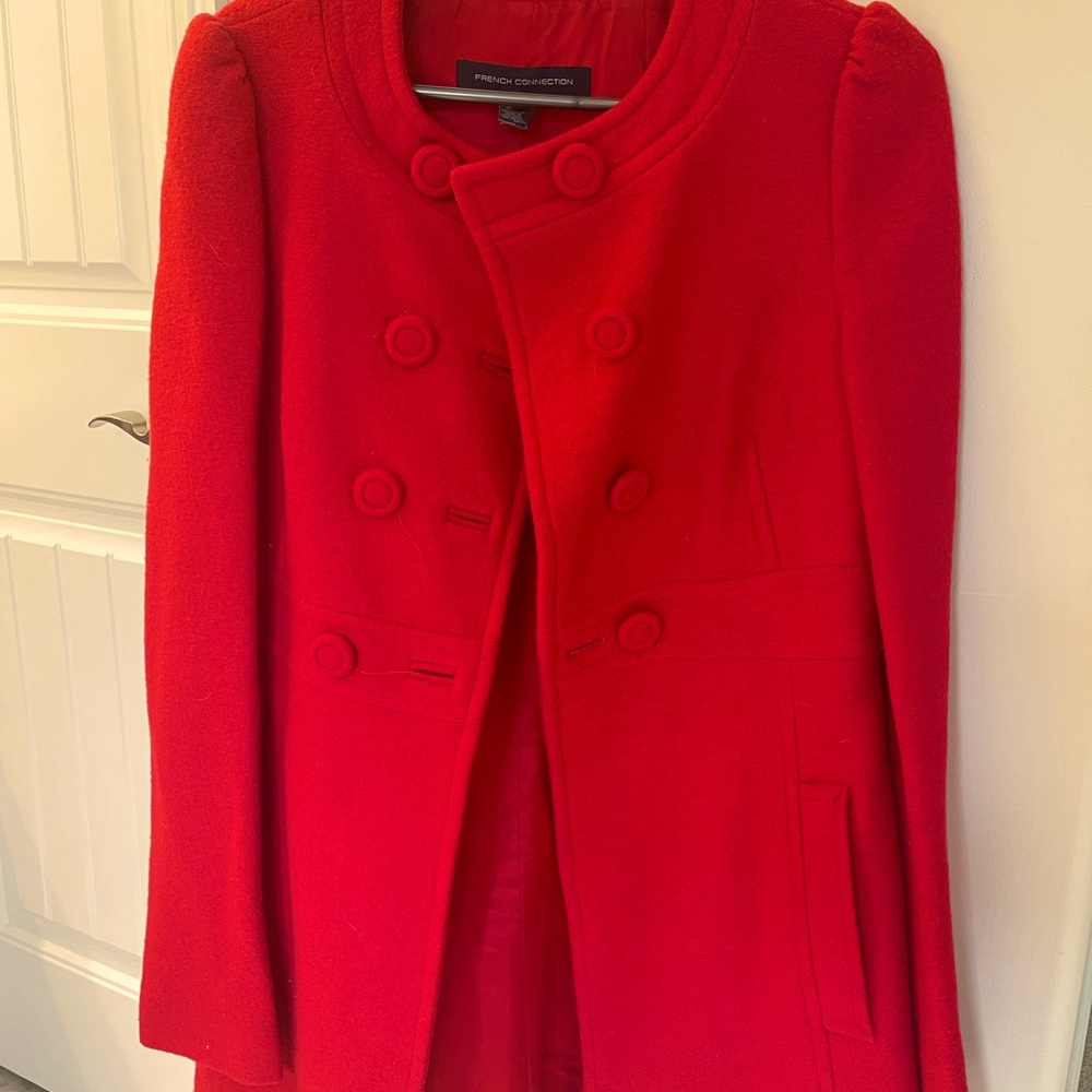 Red double breasted coat, French Connection. Womens size 8.
